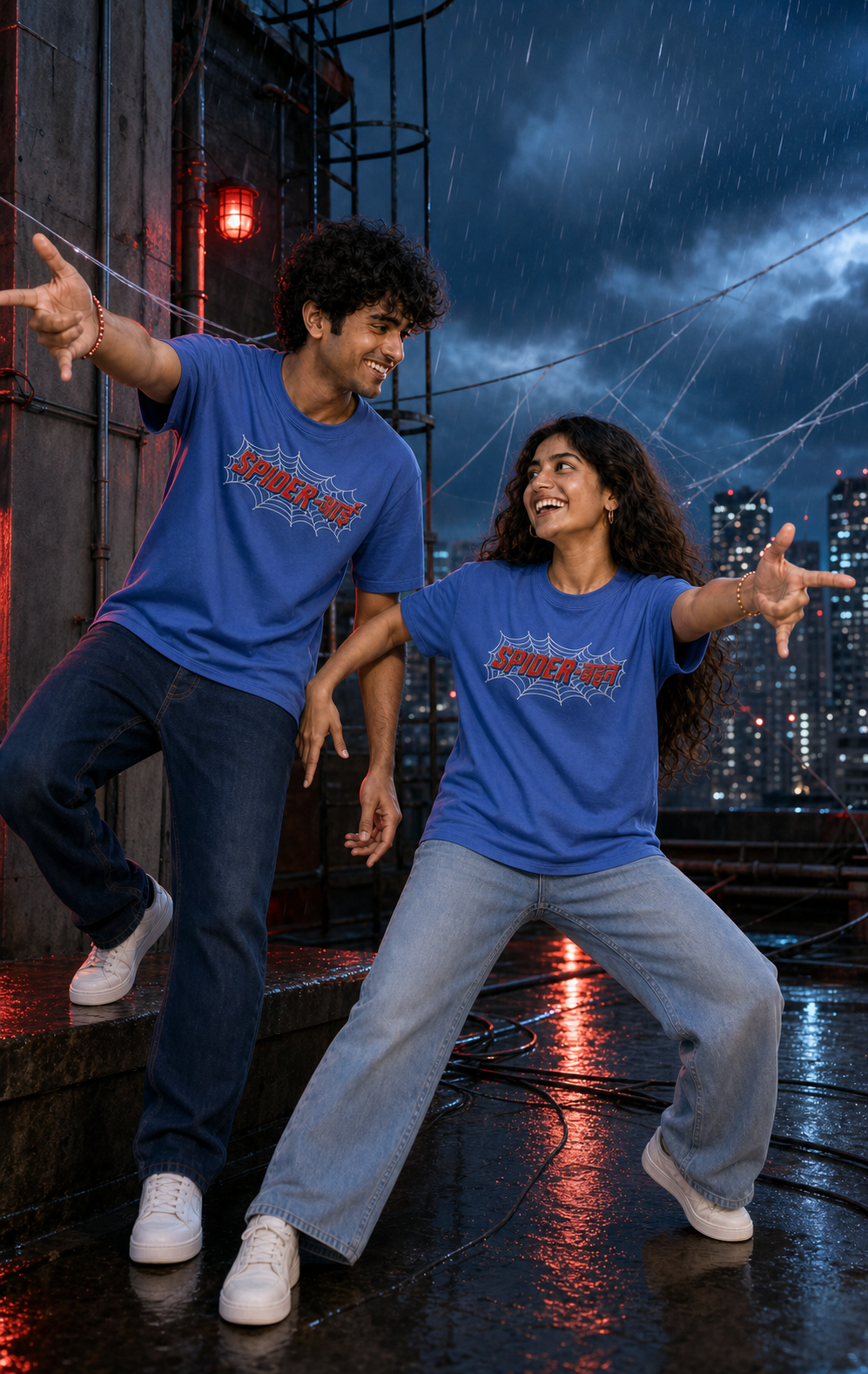 Spider Bhai (भाई) / Spider Behen (बहन) - Caught in the Web Personalised Unisex T-Shirt - Regular Fit - Blue - product gallery