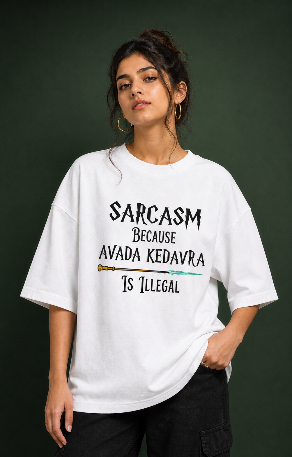 Sarcasm Avada Kedavra Unisex Oversized Tee in white - female model