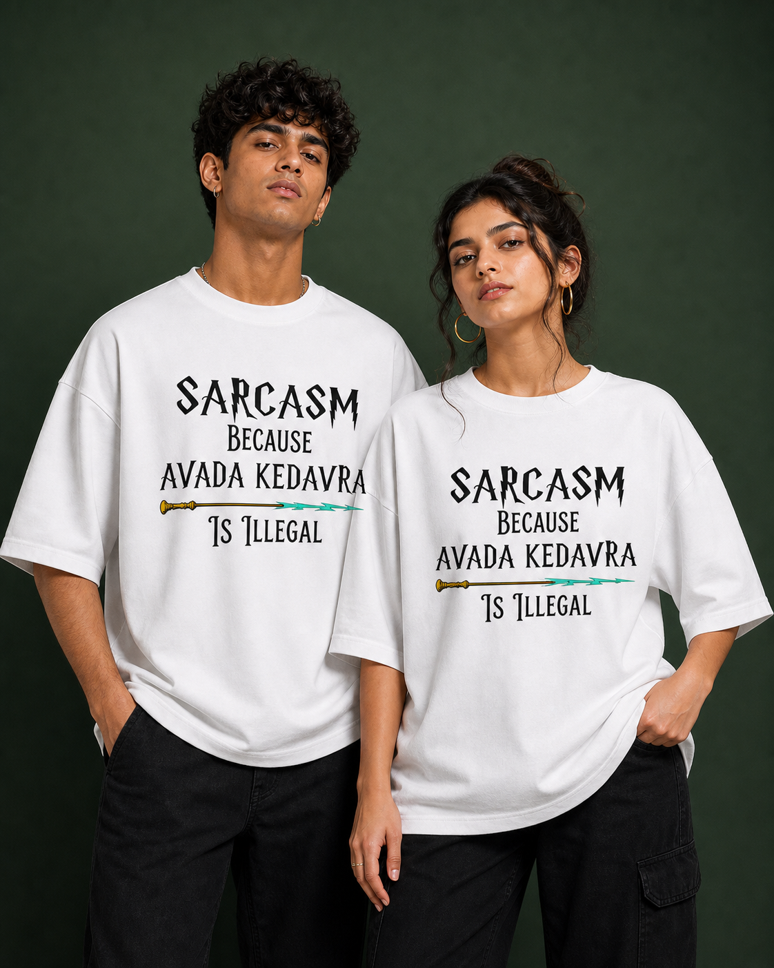 Sarcasm Avada Kedavra Unisex Oversized Tee in white - couple