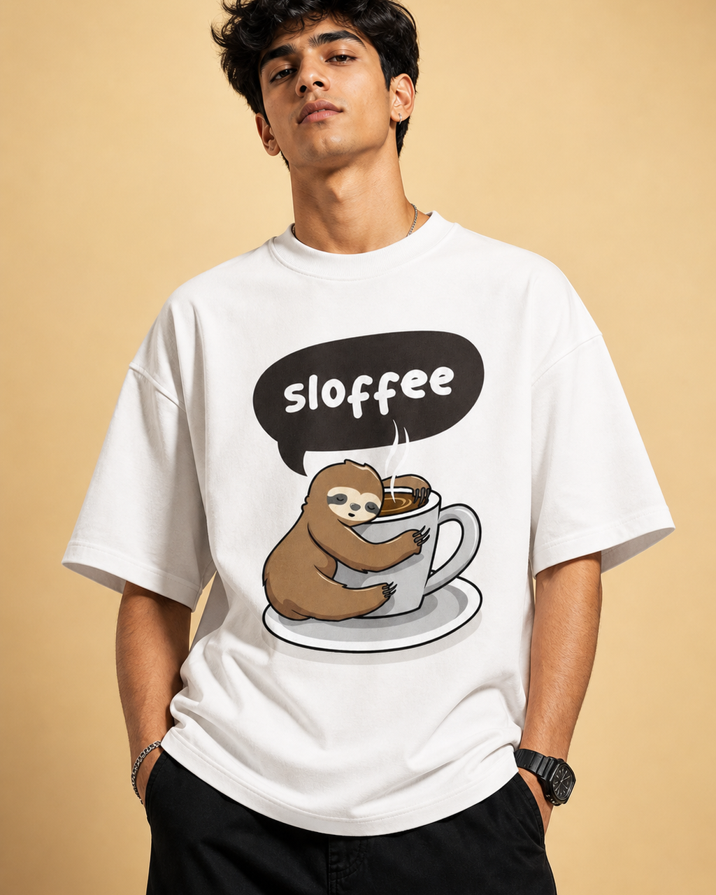 Sloffee Unisex Oversized Tee in white - male model