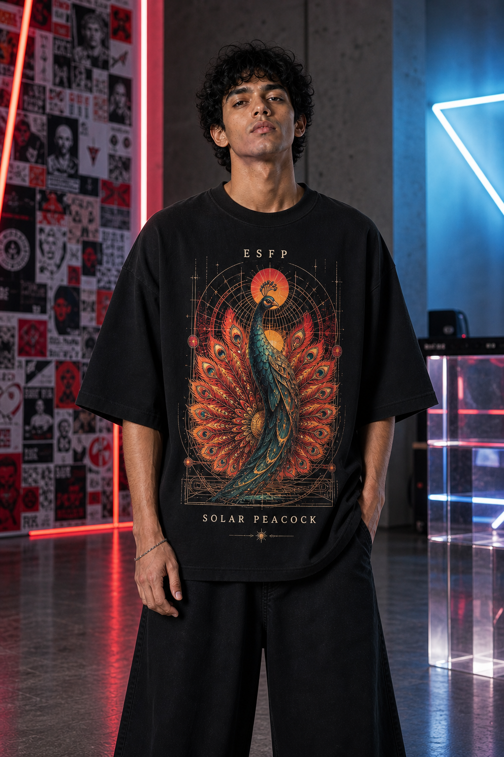 ESFP Solar Peacock main front view in Black - oversized 240 GSM French Terry t-shirt