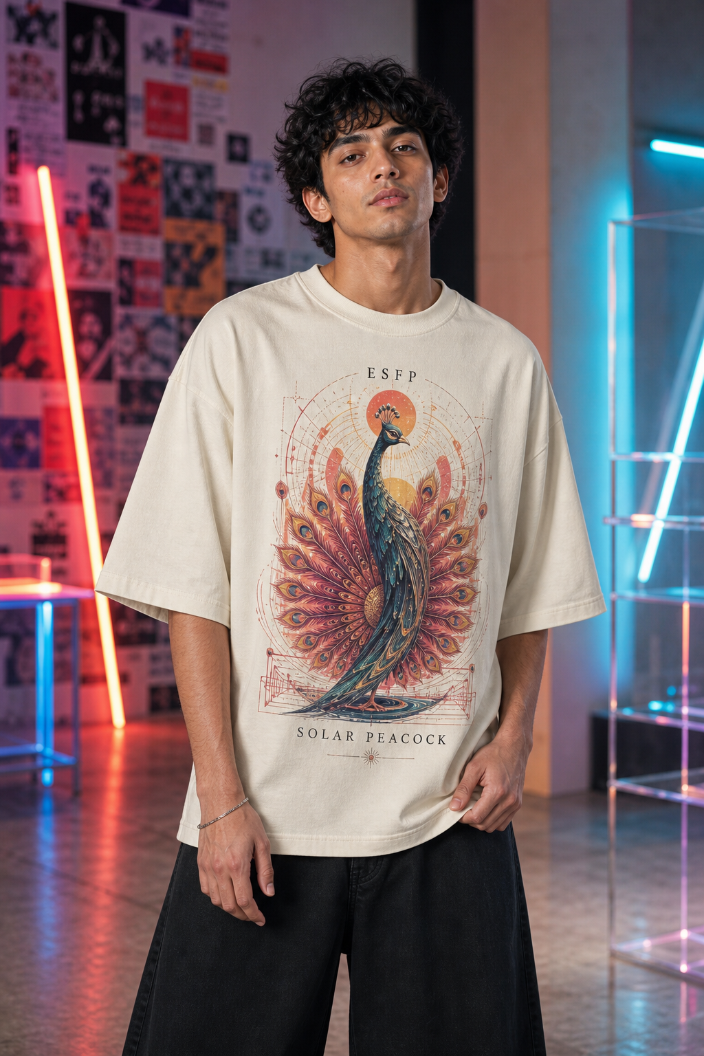ESFP Solar Peacock main front view in Off White - oversized 240 GSM French Terry t-shirt