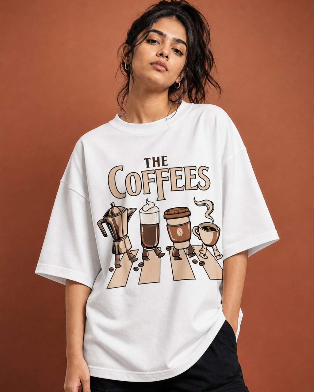 The Coffees Unisex Oversized Tee in white - female model