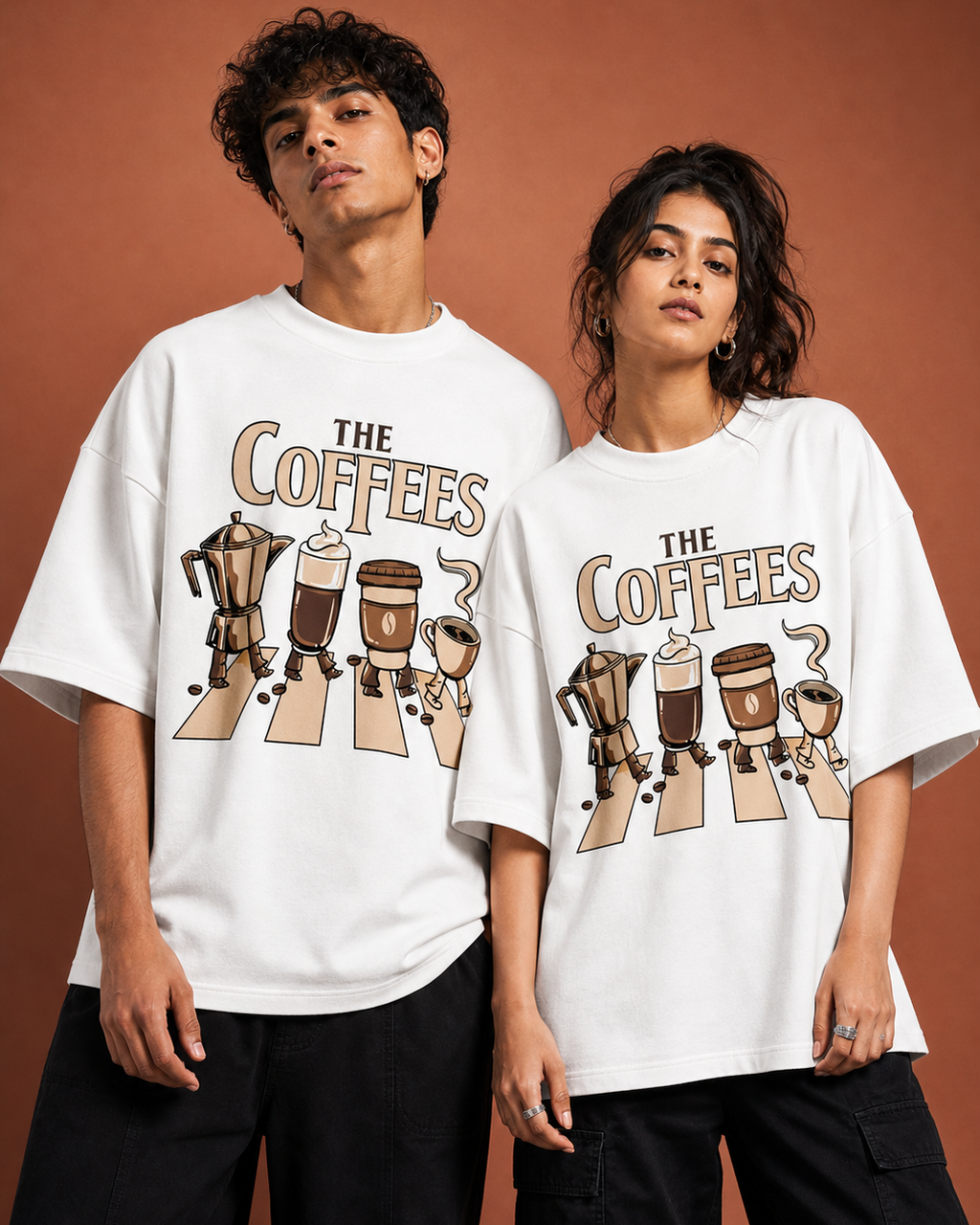 The Coffees Unisex Oversized Tee in white - couple