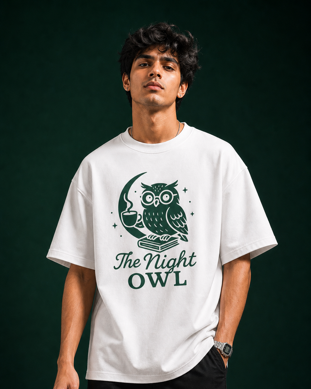 The Night Owl Unisex Oversized Tee in white - male model