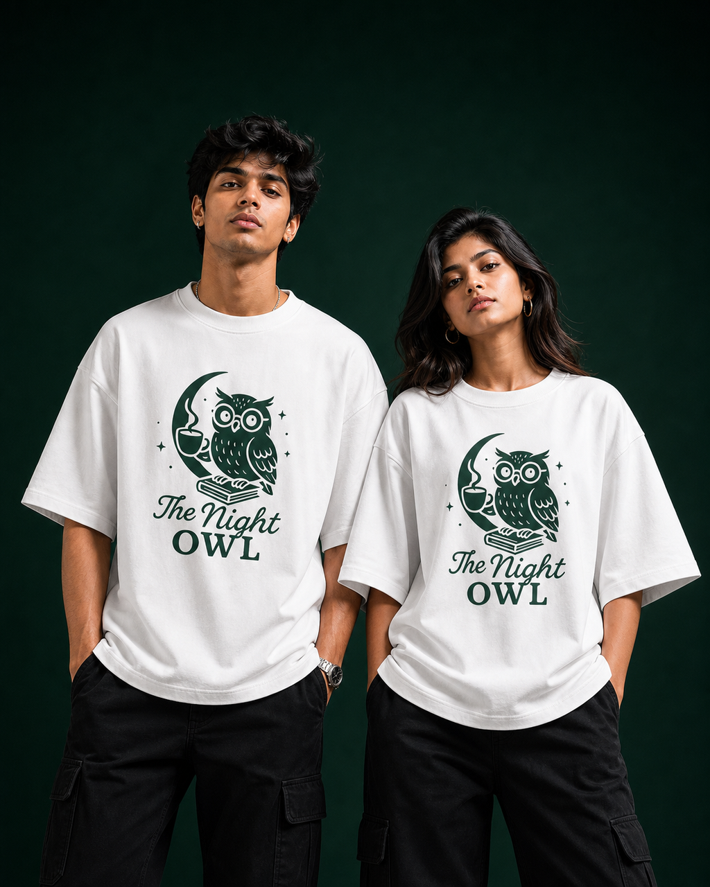 The Night Owl Unisex Oversized Tee in white - couple