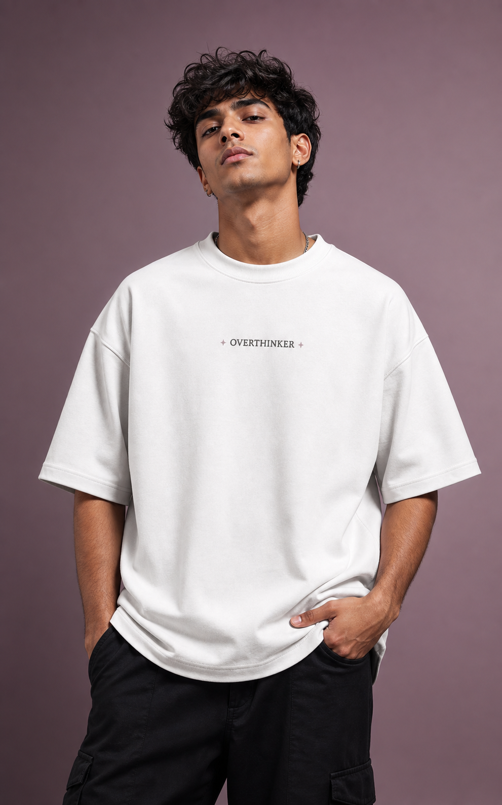 The Overthinker Backprint Unisex Oversized Tee in white - male model