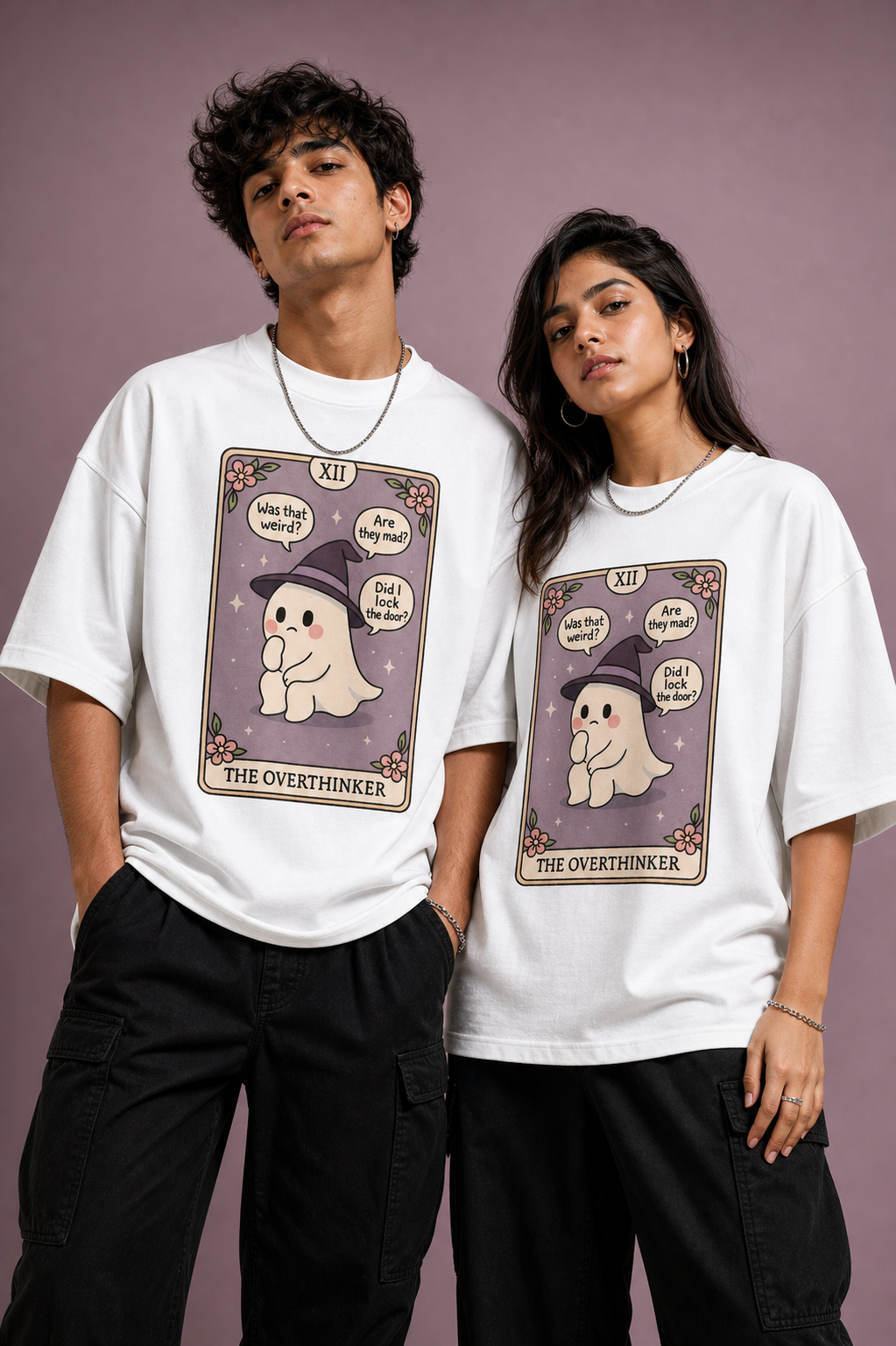 The Overthinker Unisex Oversized Tee in white - couple