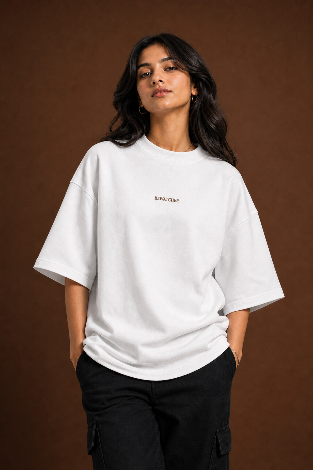 The Rewatcher Unisex Oversized Tee in white - female model