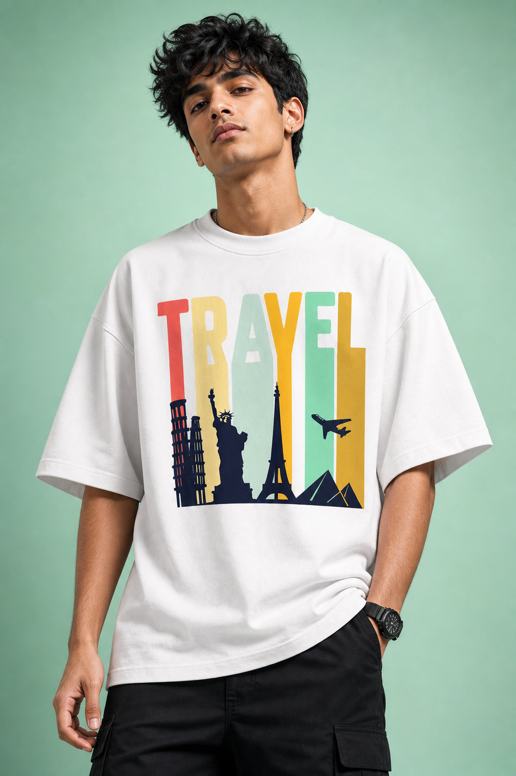 Travel Unisex Oversized Tee in white - male model