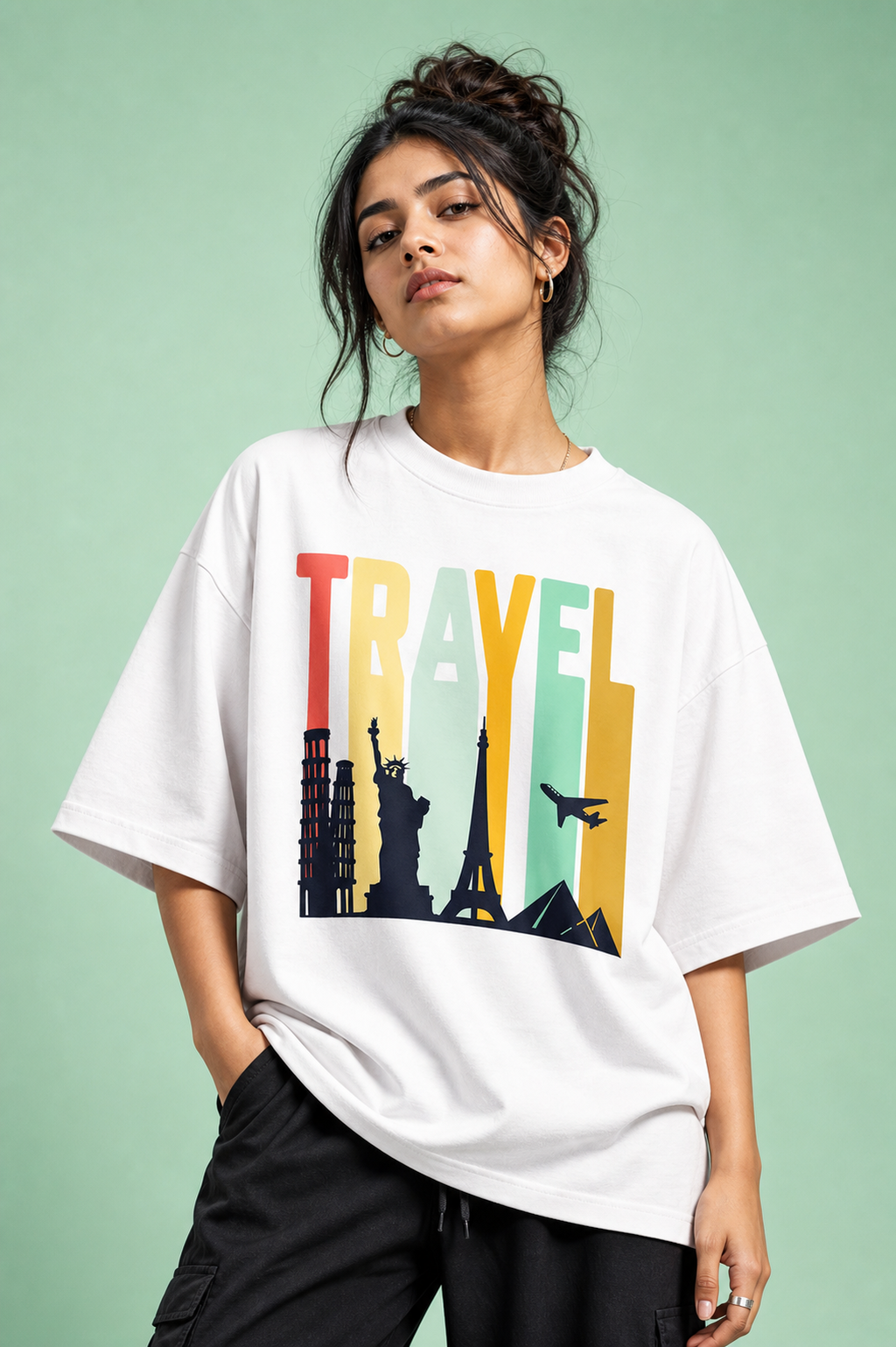 Travel Unisex Oversized Tee in white - female model