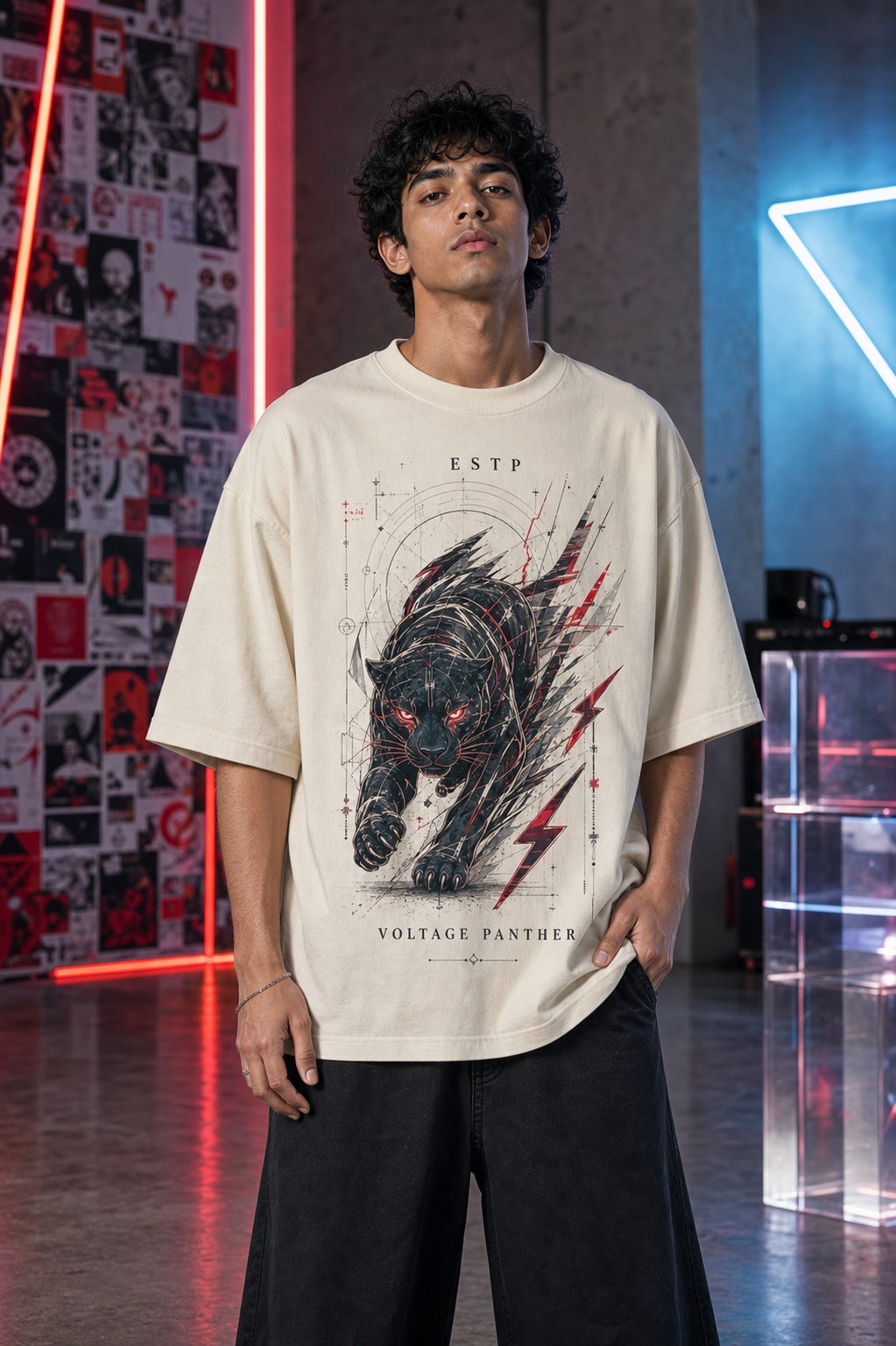 ESTP Voltage Panther main front view in Off White - oversized 240 GSM French Terry t-shirt