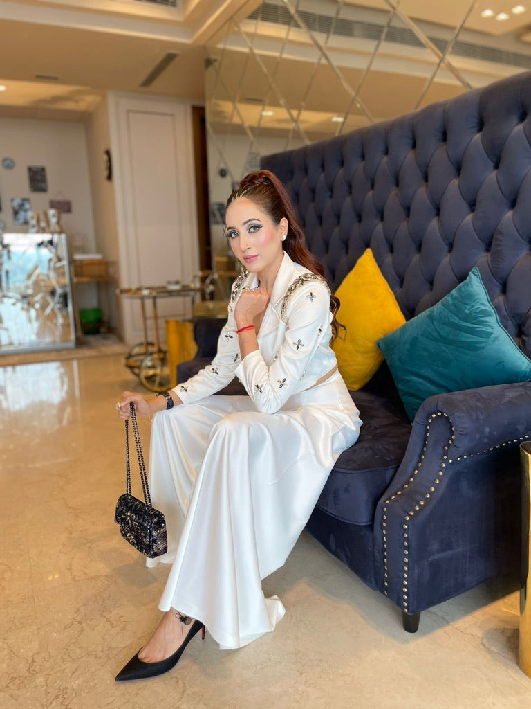 Sherry Singh in our ivory satin blazer set – photo 1