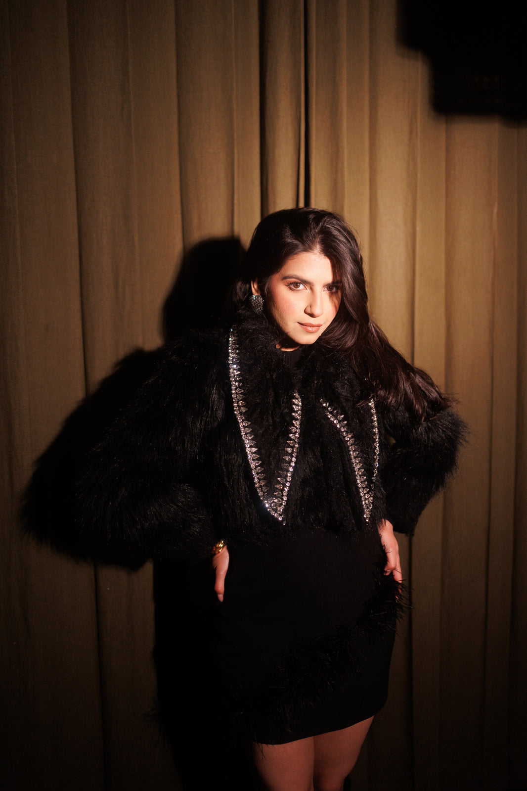 Black Faux Fur Swarovski Hand Embroidered Crop Jacket – photo 1