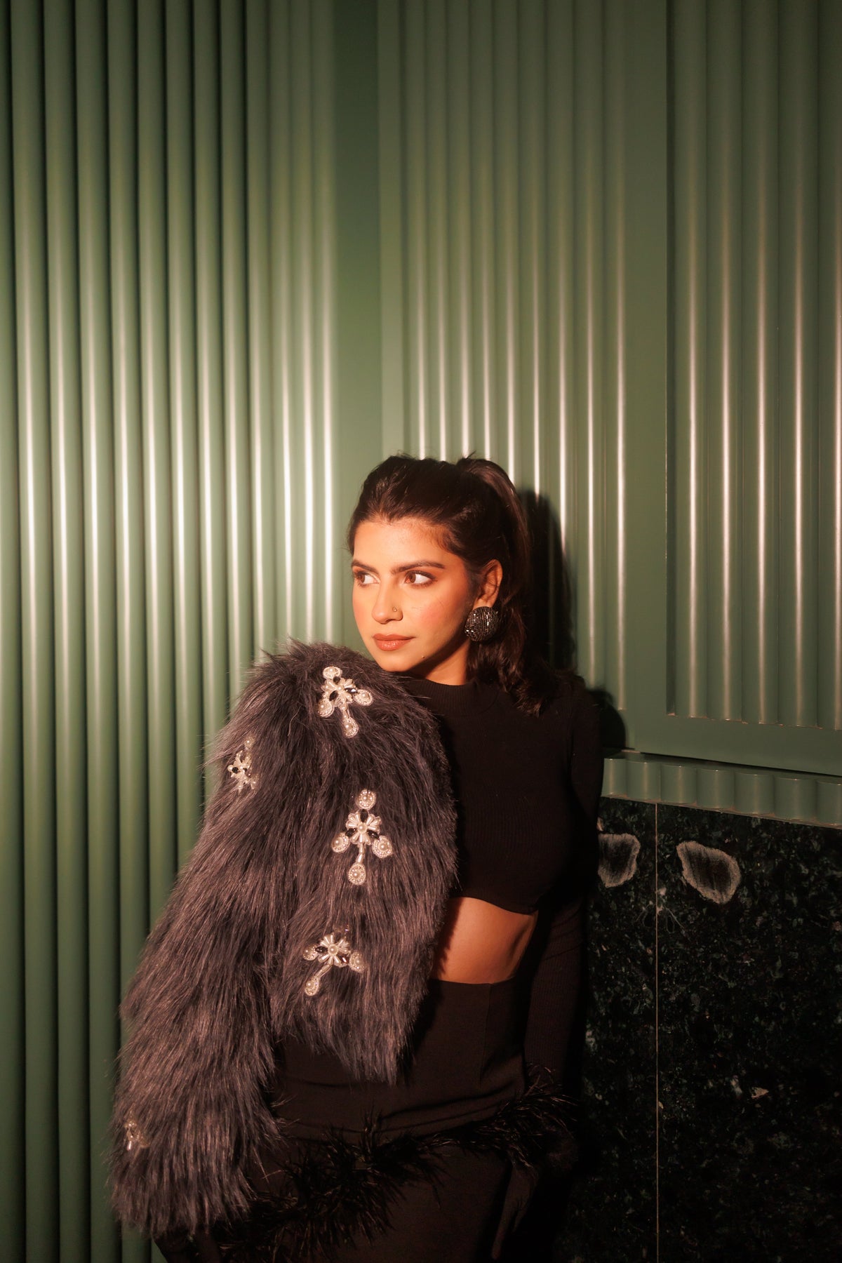 Grey Faux Fur Swarovski Hand Embroidered Crop Jacket – photo 3