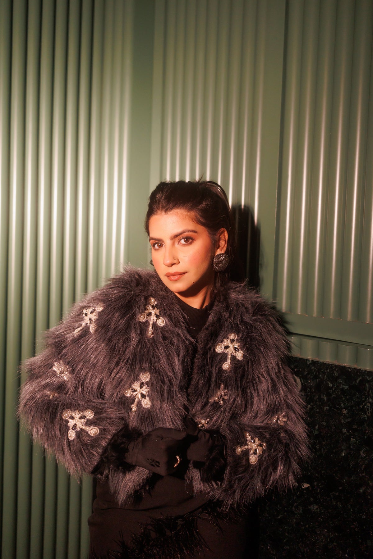 Grey Faux Fur Swarovski Hand Embroidered Crop Jacket – photo 1