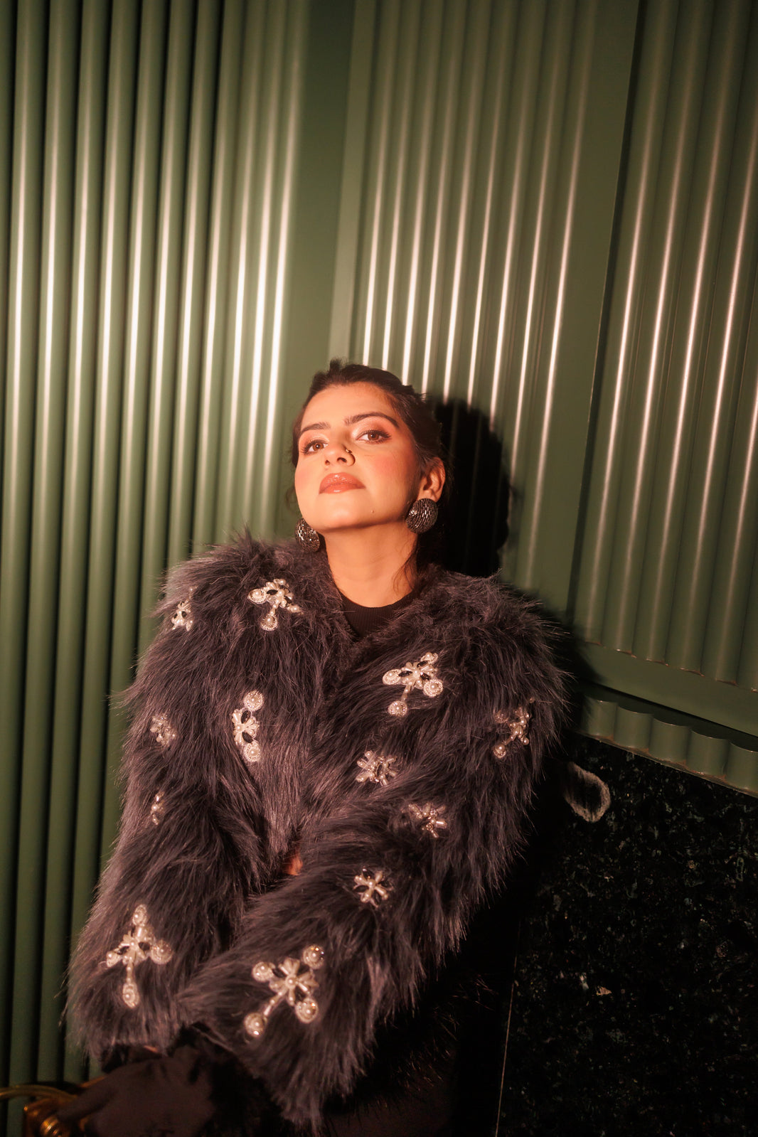 Grey Faux Fur Swarovski Hand Embroidered Crop Jacket – photo 2