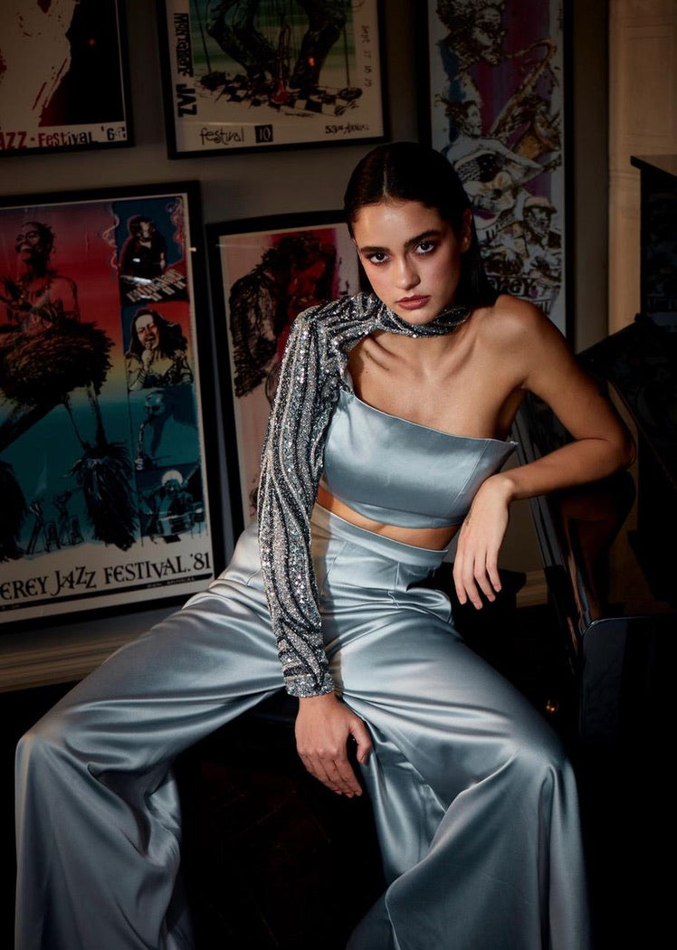 Grey suiting satin hand embroidered coord set – photo 1
