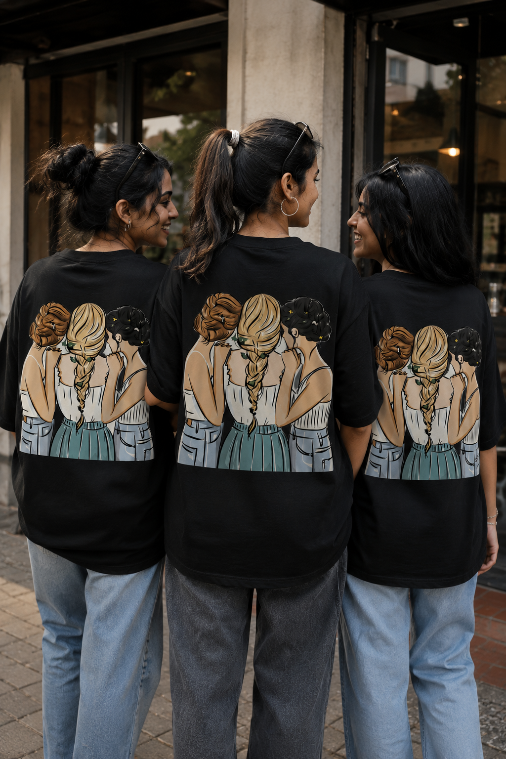 #BFFs Forever Women's Matching T-Shirts – Oversized, Black, shown on 3 friends, back view