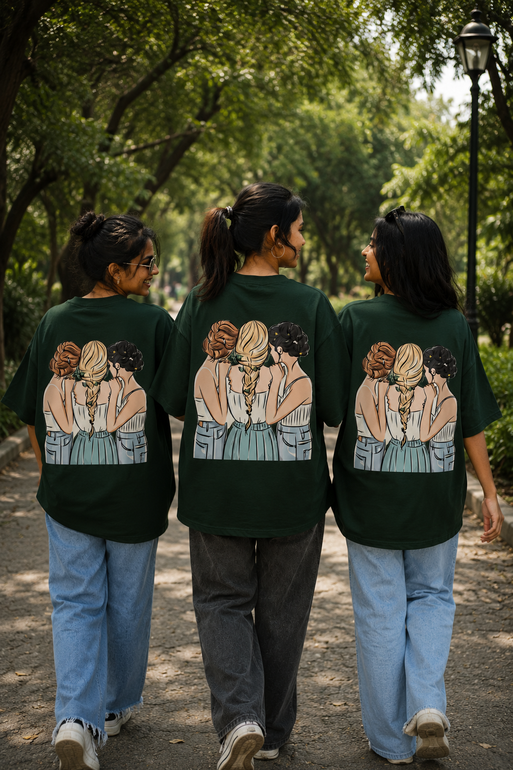 #BFFs Forever Women's Matching T-Shirts – Oversized, Bottle Green, shown on 3 friends, back view