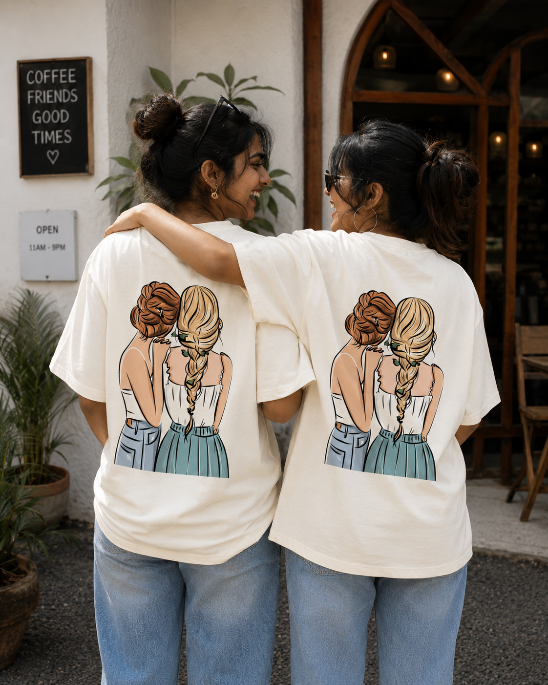 #BFFs Forever Women's Matching T-Shirts – Oversized, Off White, shown on 2 friends, back view