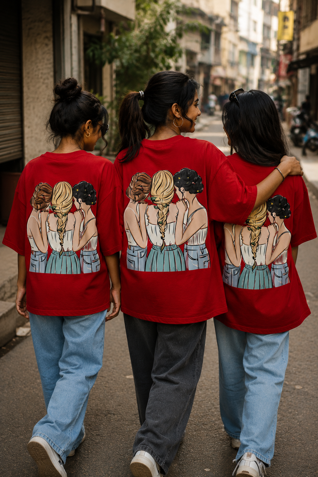#BFFs Forever Women's Matching T-Shirts – Oversized, Red, shown on 3 friends, back view