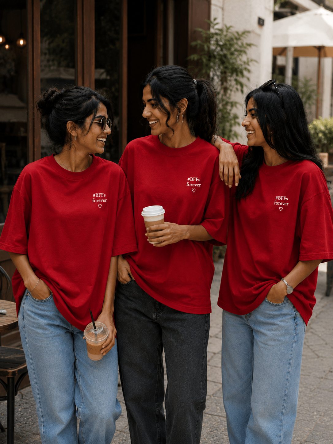 #BFFs Forever Women's Matching T-Shirts – Oversized, Red, front view