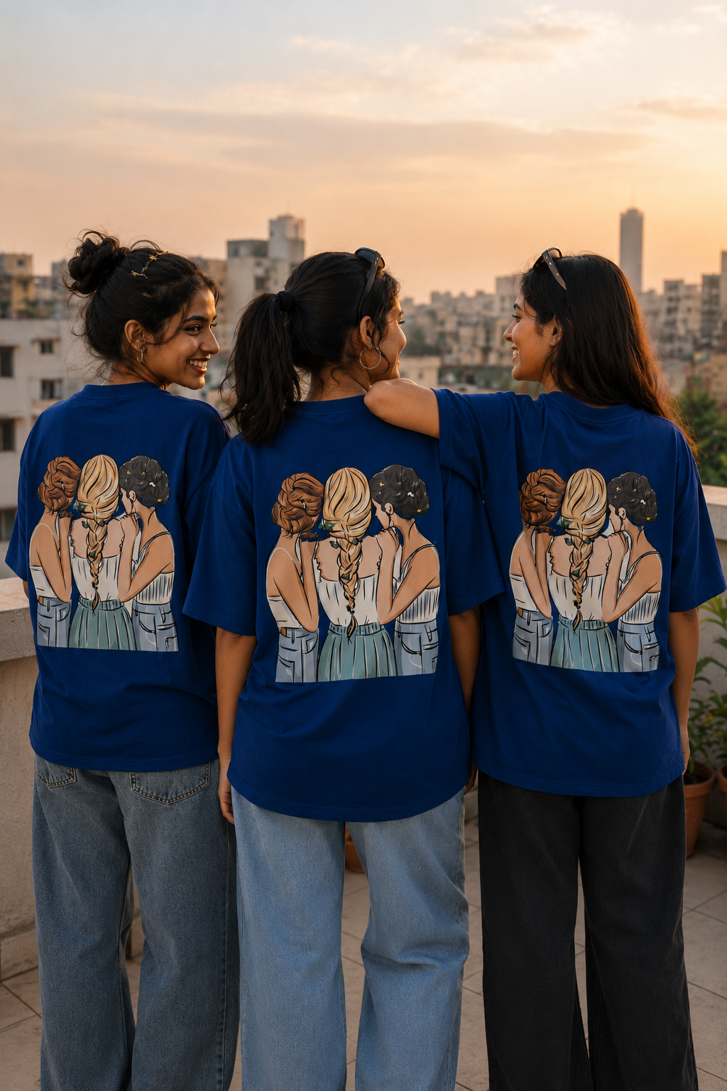 #BFFs Forever Women's Matching T-Shirts – Oversized, Royal Blue, shown on 3 friends, back view