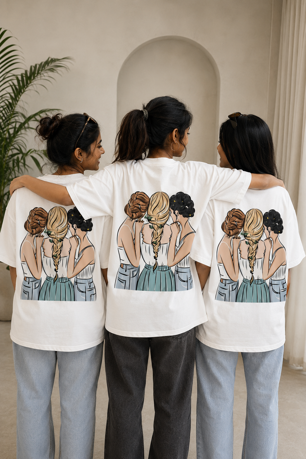 #BFFs Forever Women's Matching T-Shirts – Oversized, White, shown on 3 friends, back view