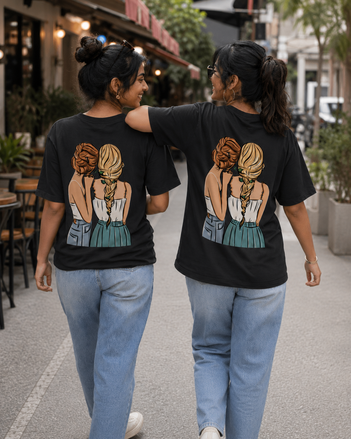 #BFFs Forever Women's Matching T-Shirts – Regular Fit, Black, shown on 2 friends, back view