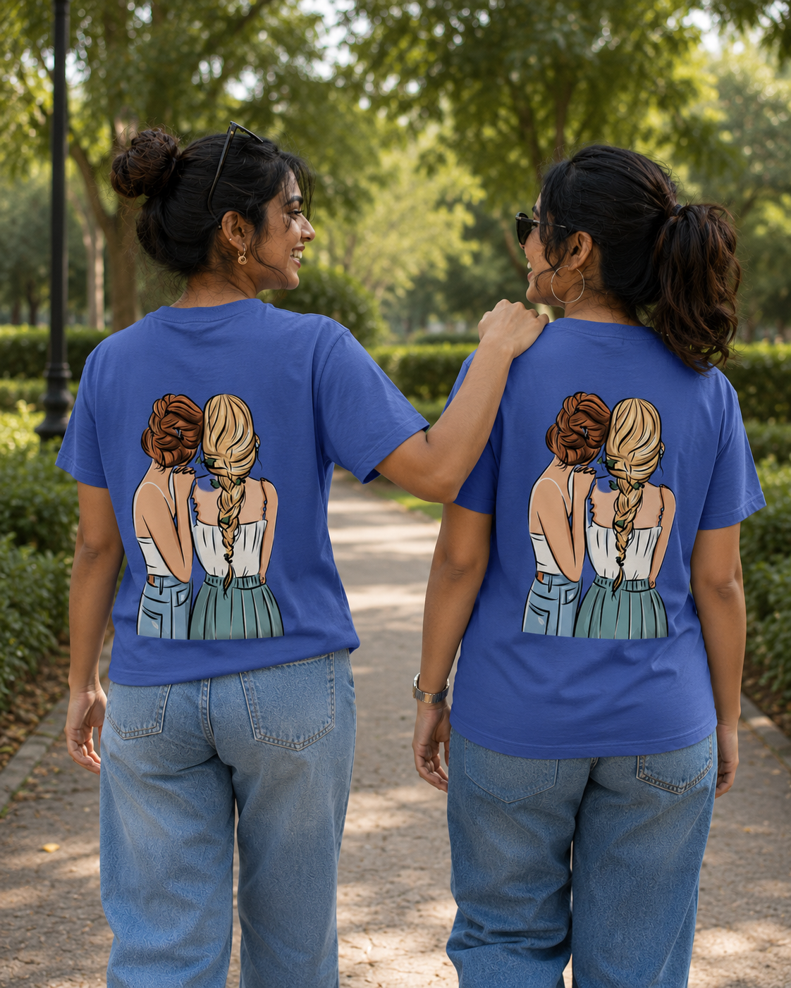 #BFFs Forever Women's Matching T-Shirts – Regular Fit, Blue, shown on 2 friends, back view