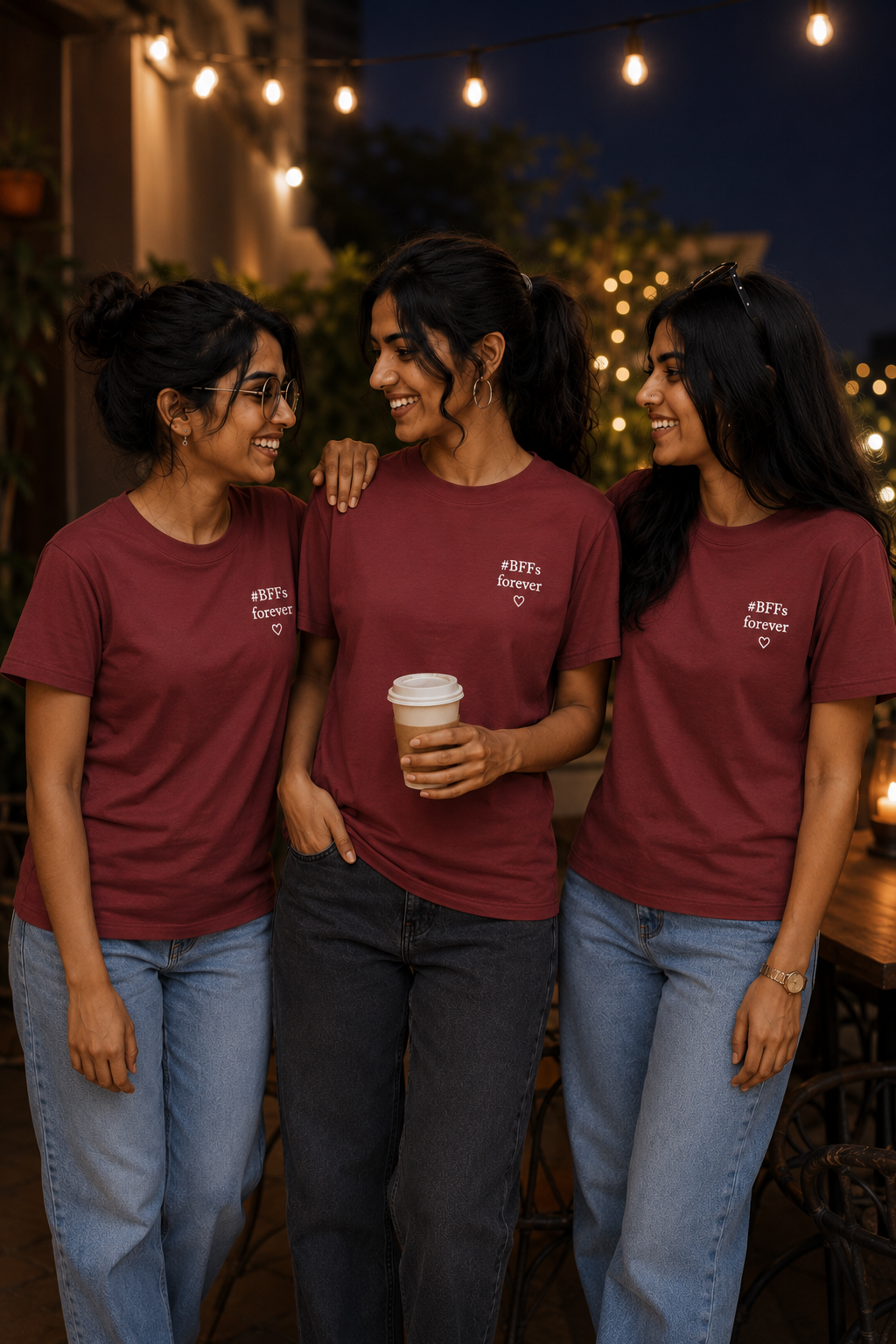 #BFFs Forever Women's Matching T-Shirts – Regular Fit, Maroon, shown on 2 friends, front view