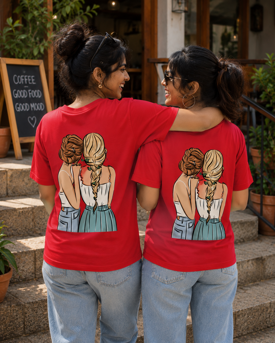 #BFFs Forever Women's Matching T-Shirts – Regular Fit, Red, shown on 2 friends, back view