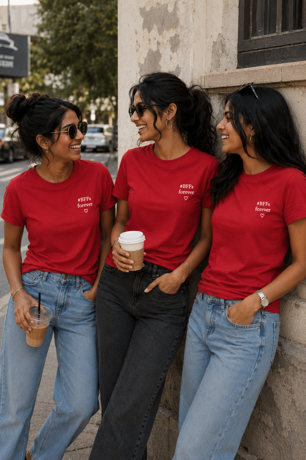 #BFFs Forever Women's Matching T-Shirts – Regular Fit, Red, shown on 2 friends, front view