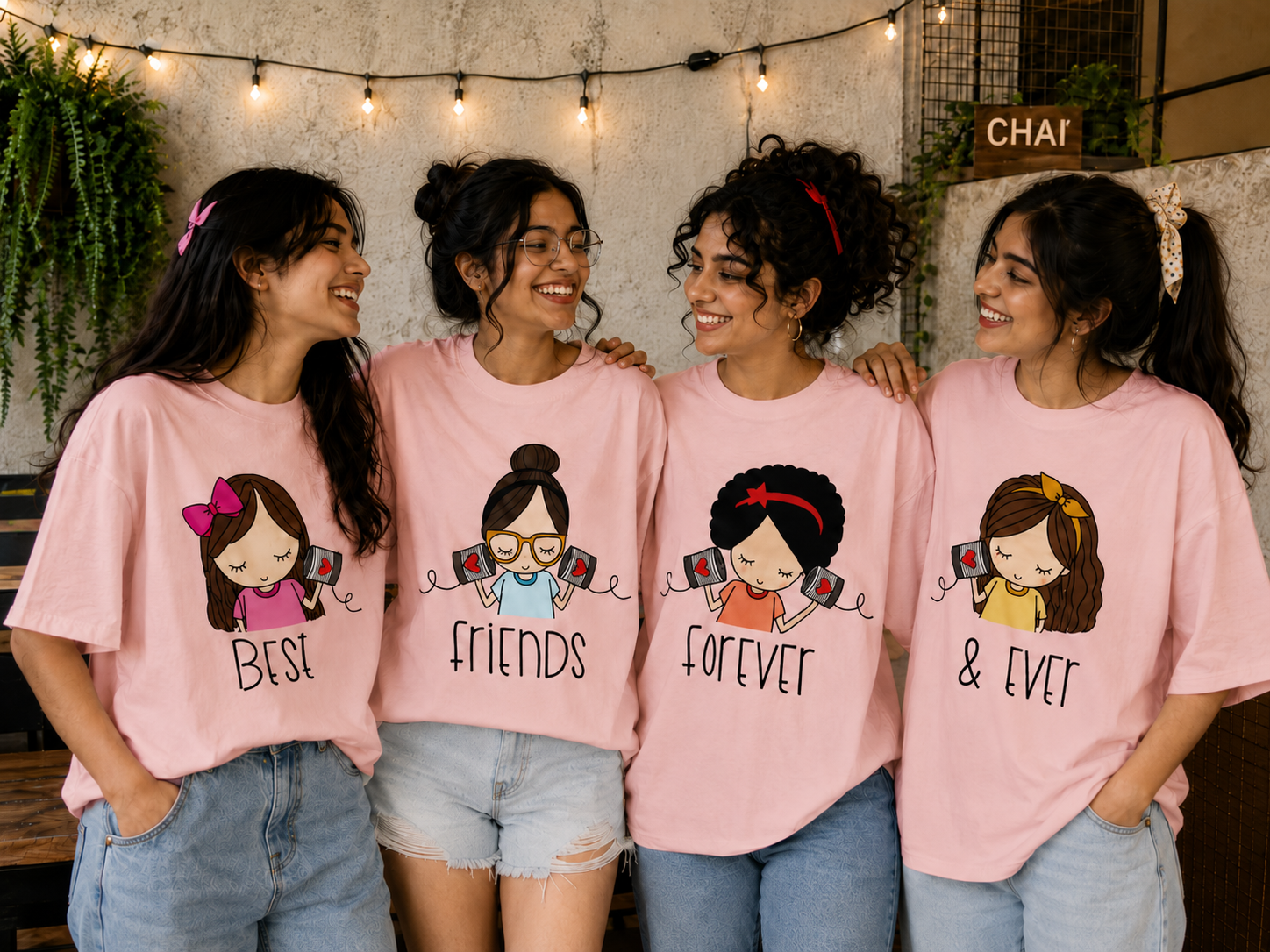 Best Friends Forever & Always Women's Matching T-Shirts – Oversized, Baby Pink, shown on 4 friends