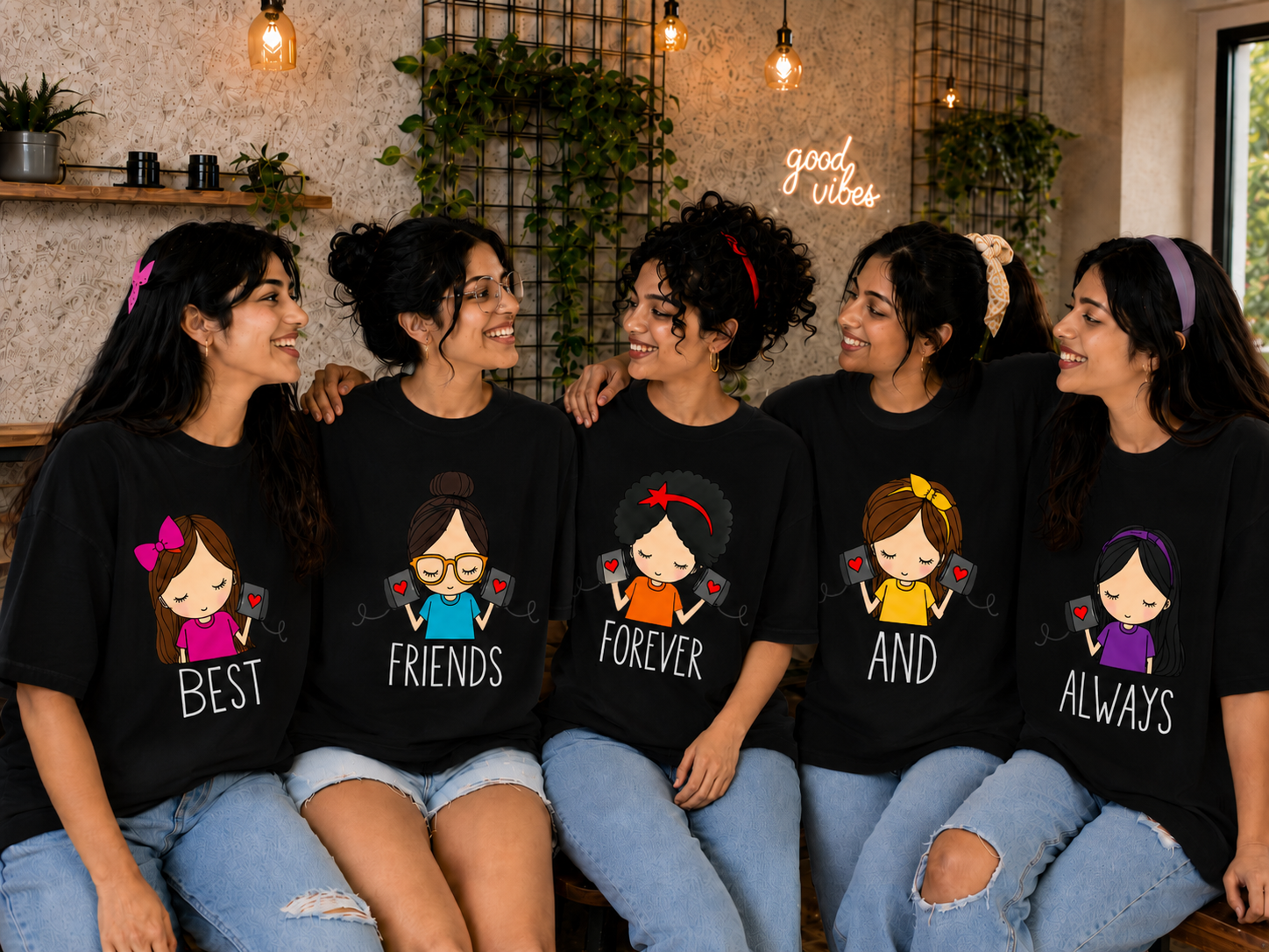 Best Friends Forever & Always Women's Matching T-Shirts – Oversized, Black, shown on 5 friends