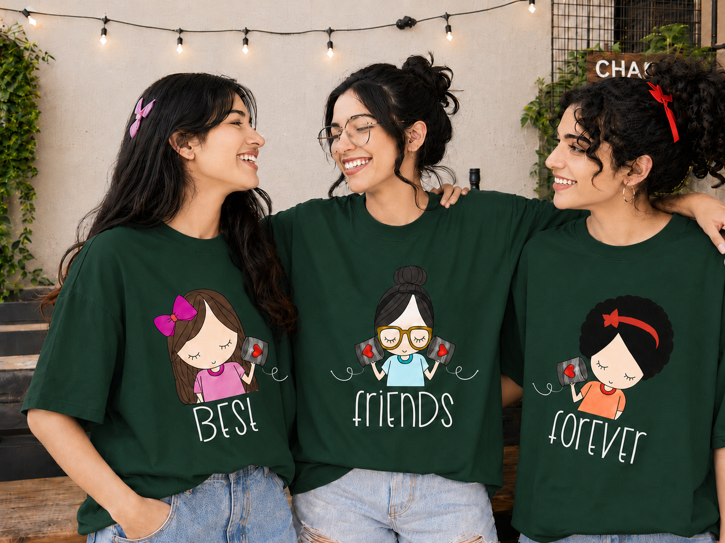 Best Friends Forever & Always Women's Matching T-Shirts – Oversized, Bottle Green, shown on 3 friends