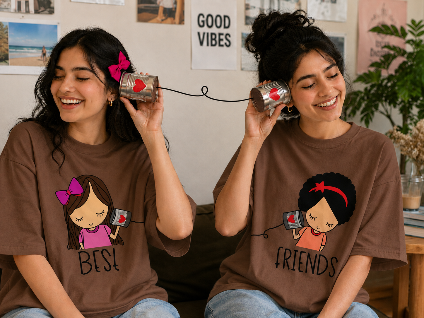 Best Friends Forever & Always Women's Matching T-Shirts – Oversized, Brown, shown on 2 friends