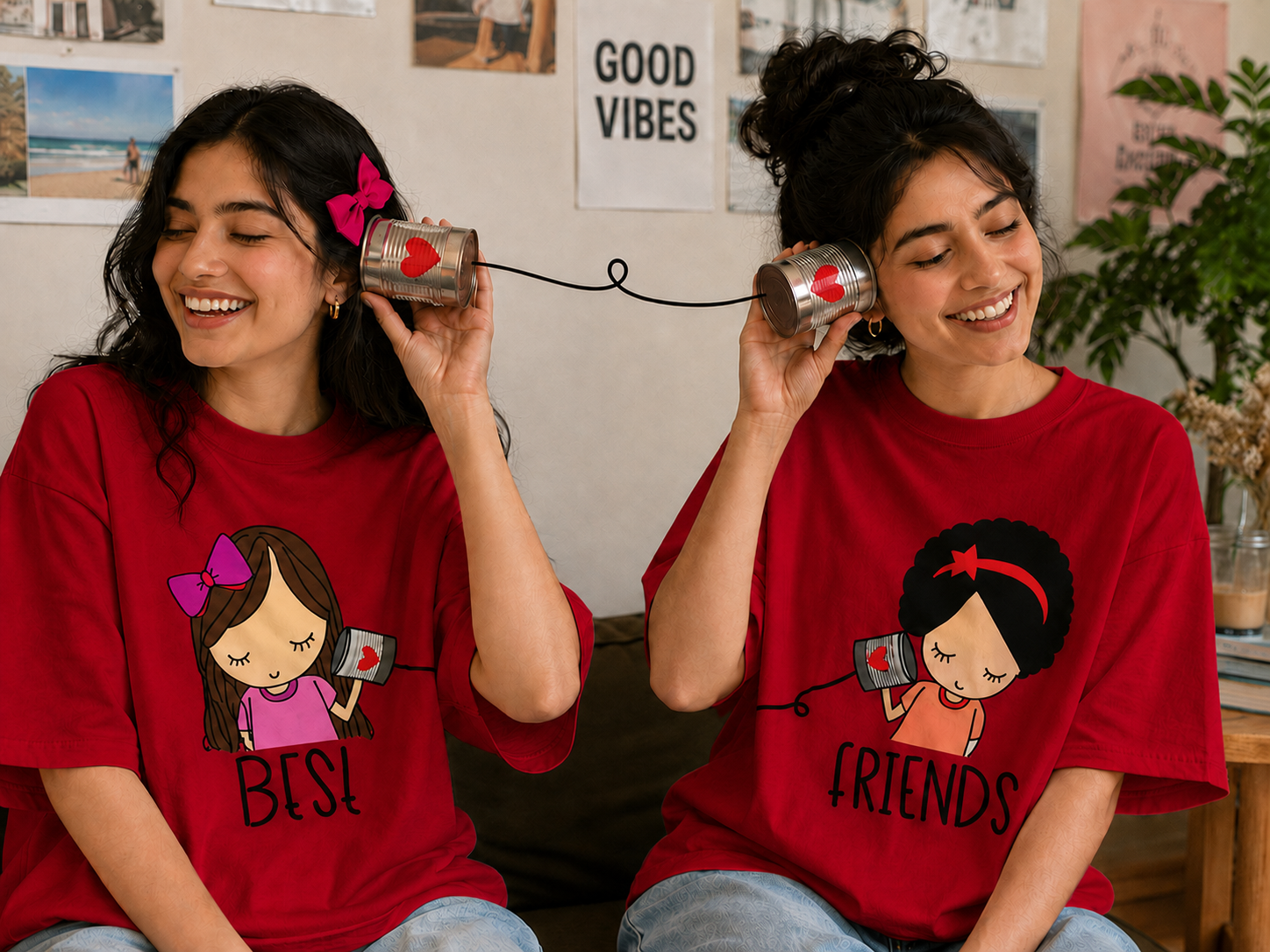 Best Friends Forever & Always Women's Matching T-Shirts – Oversized, Red, shown on 2 friends