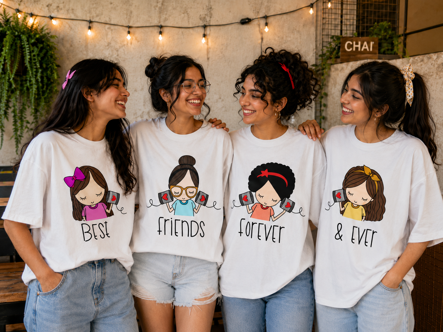 Best Friends Forever & Always Women's Matching T-Shirts – Oversized, White, shown on 4 friends