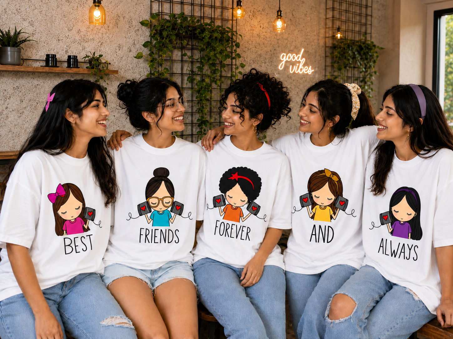 Best Friends Forever & Always Women's Matching T-Shirts – Oversized, White, shown on 5 friends