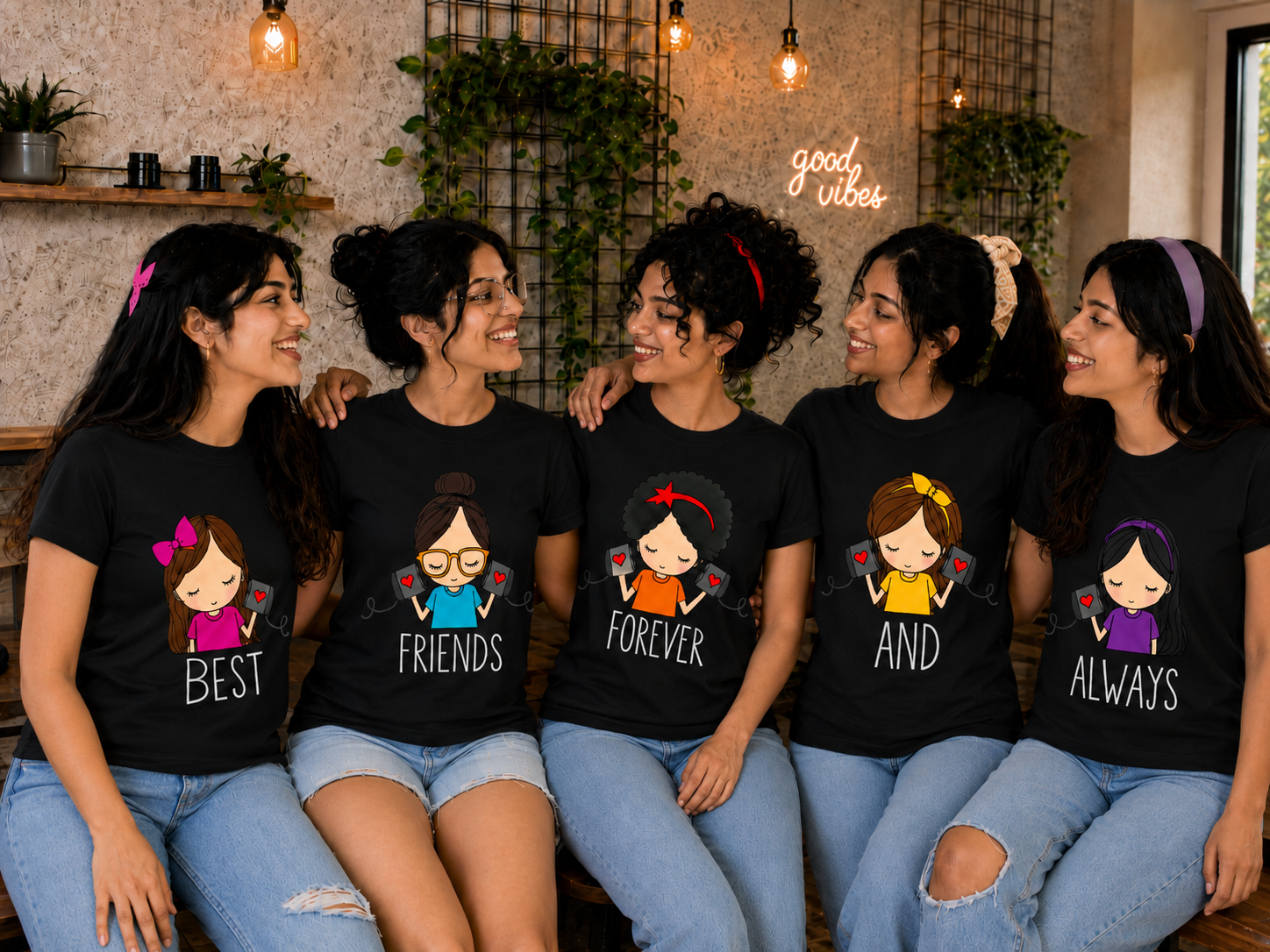 Best Friends Forever & Always Women's Matching T-Shirts – Regular Fit, Black, shown on 5 friends