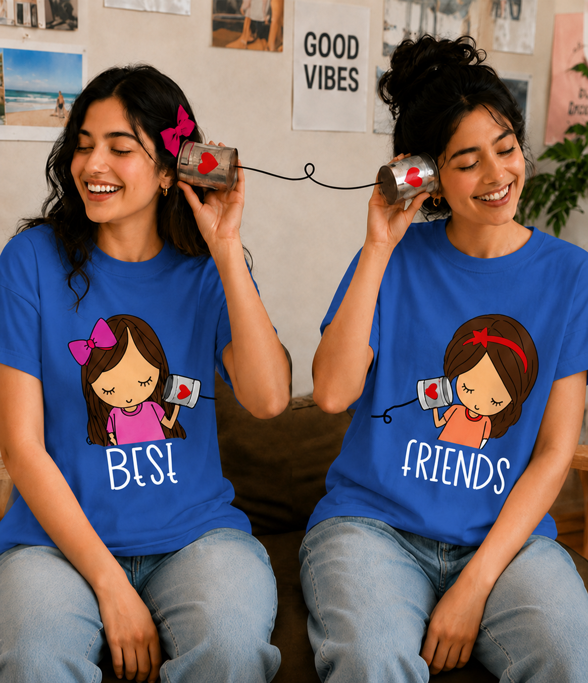 Best Friends Forever & Always Women's Matching T-Shirts – Regular Fit, Blue, shown on 2 friends
