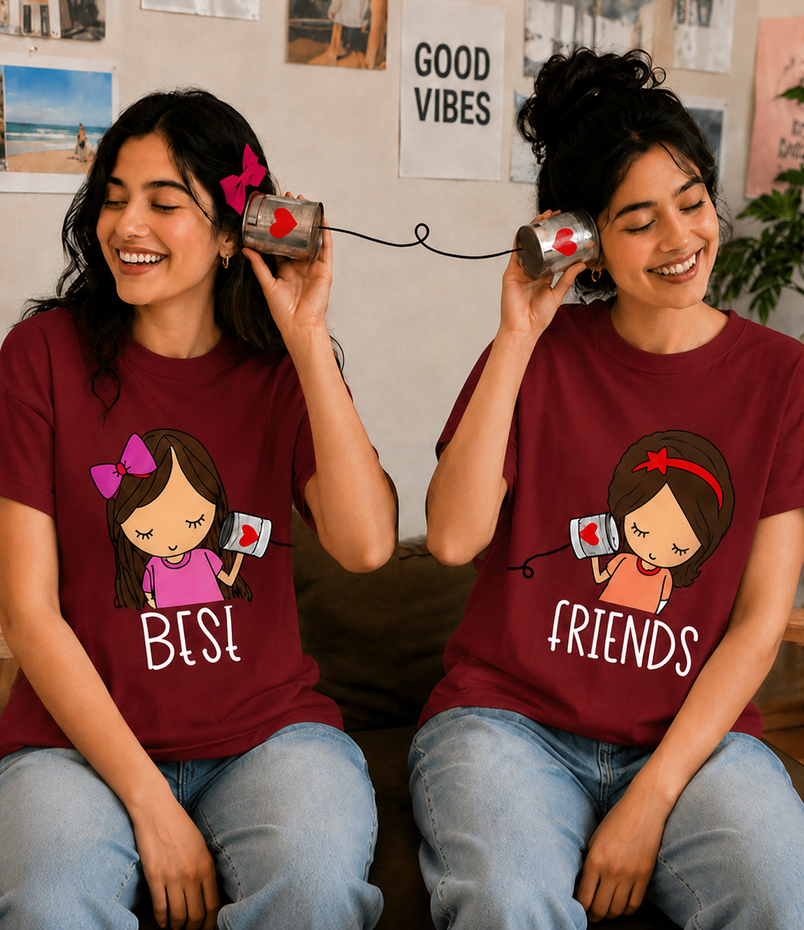 Best Friends Forever & Always Women's Matching T-Shirts – Regular Fit, Maroon, shown on 2 friends