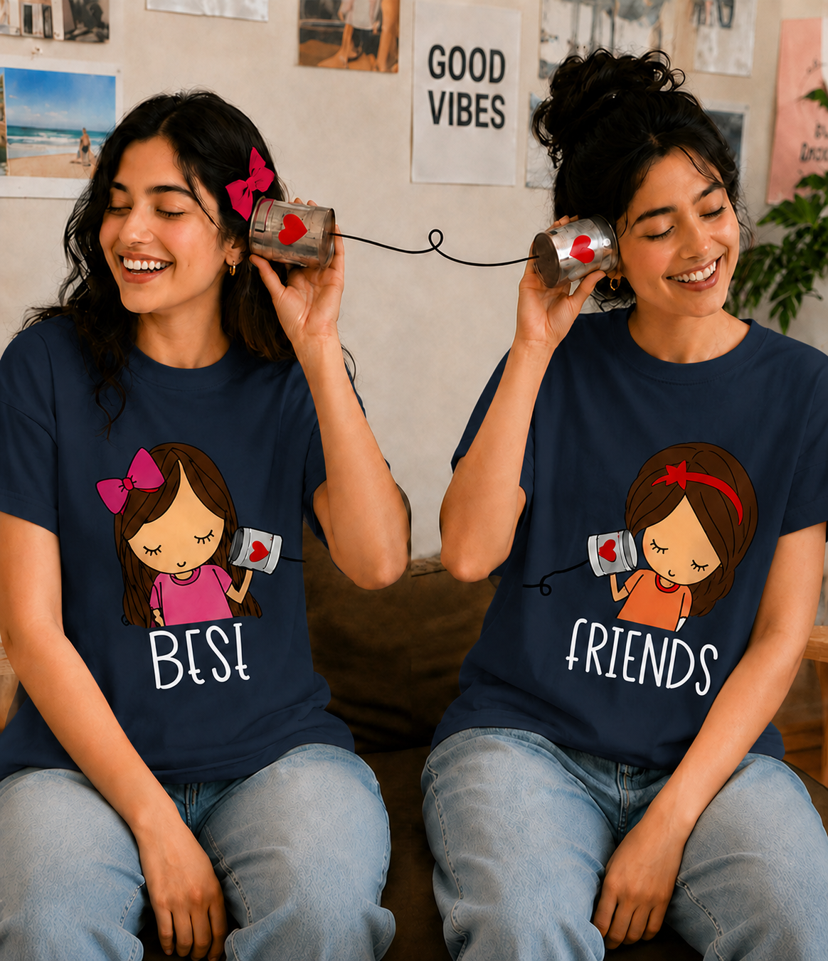 Best Friends Forever & Always Women's Matching T-Shirts – Regular Fit, Navy Blue, shown on 2 friends