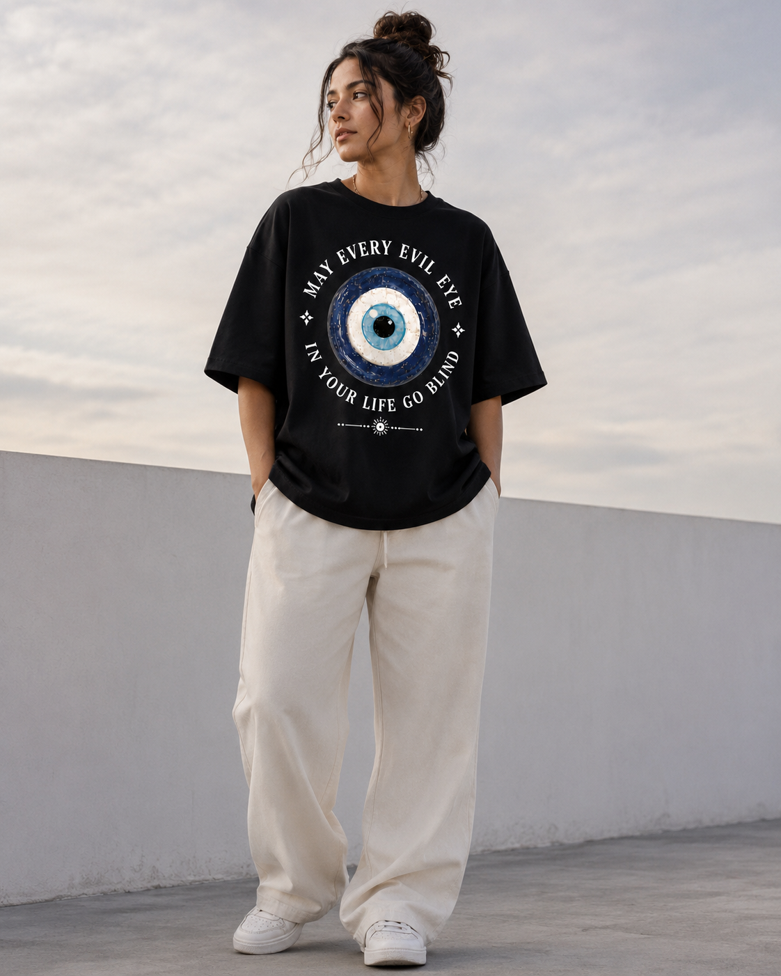 May Every Evil Eye Go Blind Oversized T-Shirt - Black - Front/model
