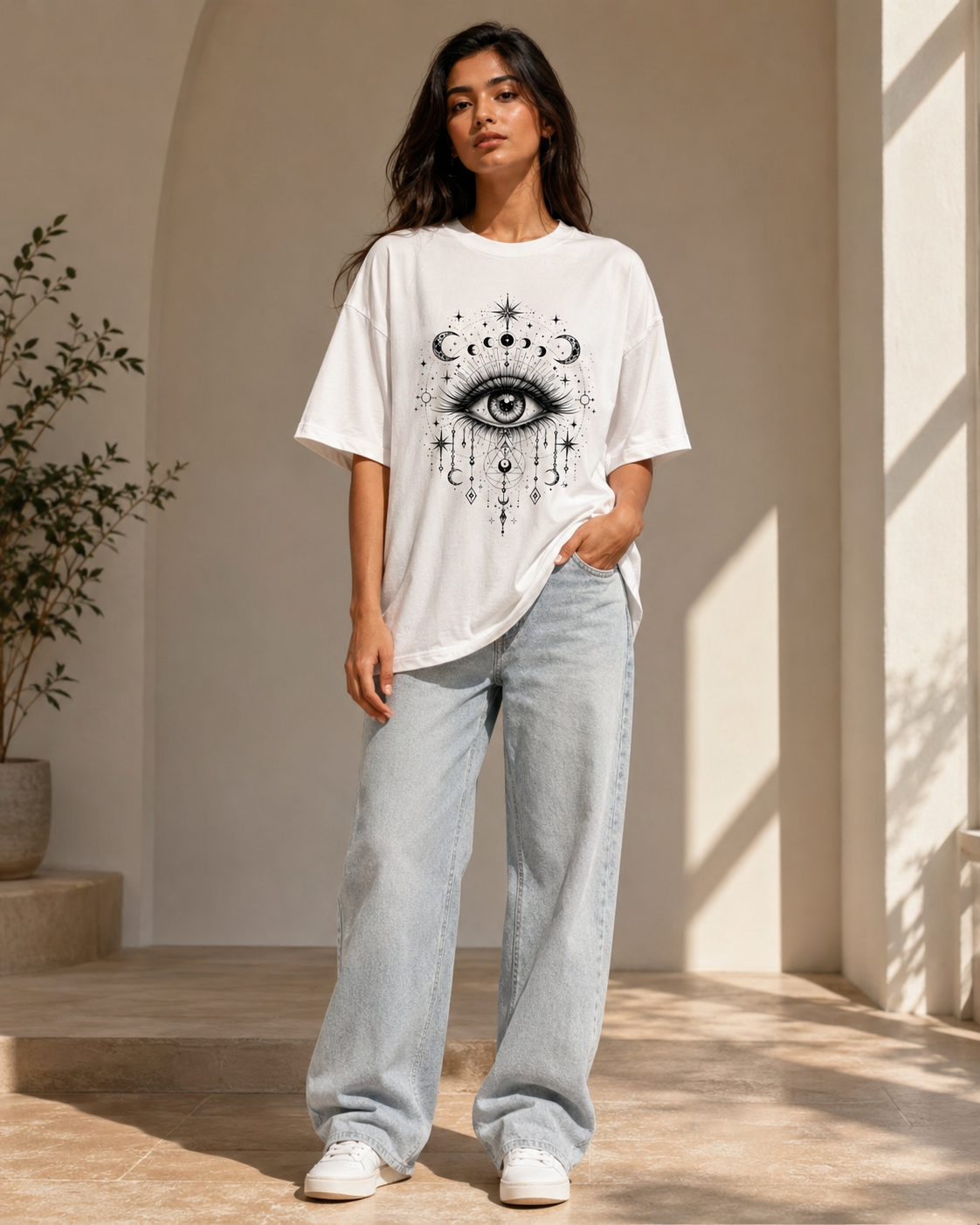 Cosmic Nazar Eye Oversized T-Shirt - White - Front/model