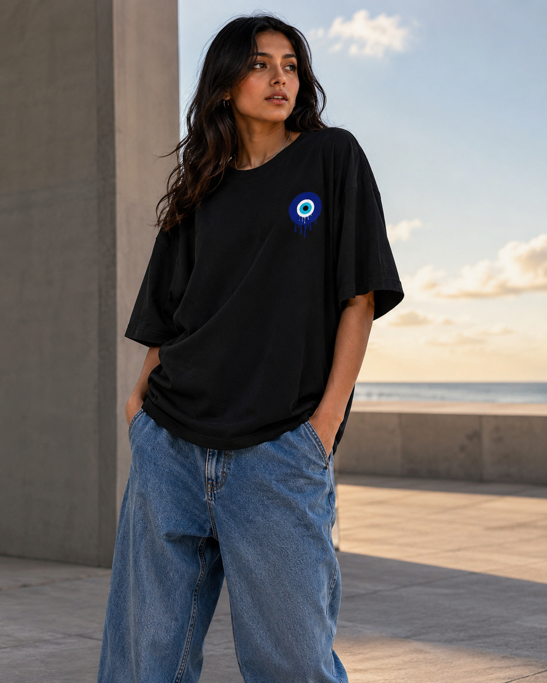 No Evil Shall Pass Oversized T-Shirt - Black - Front/model