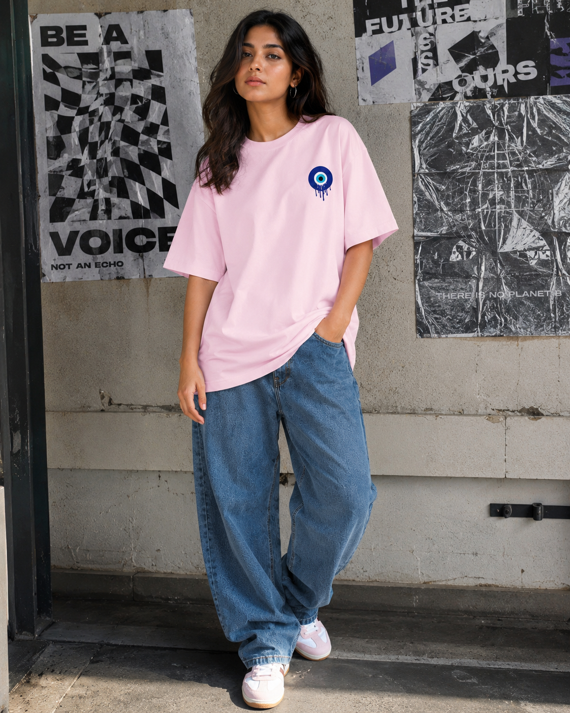 No Evil Shall Pass Oversized T-Shirt - Pink - Front/model