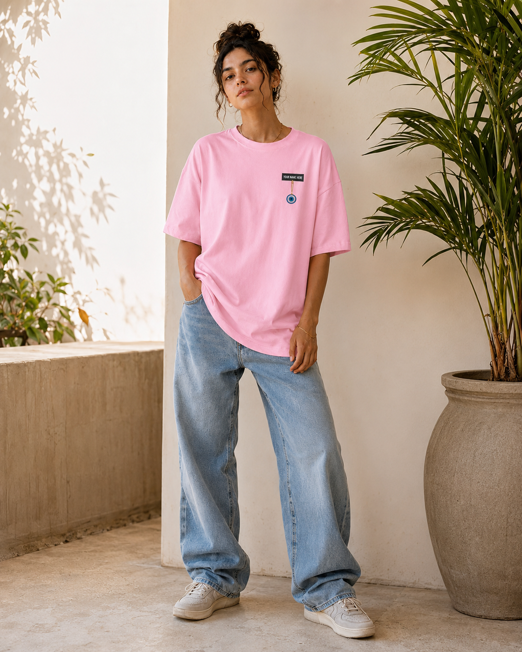 Personalised Nazar Charm Oversized T-Shirt - Pink - Front/model